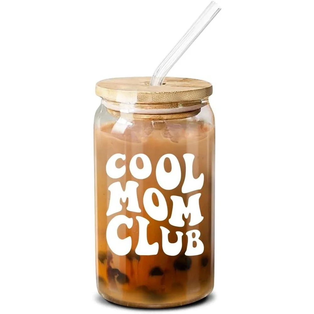 New Eleven Cool Mom Club Glass Can Tumbler with Bamboo Lid and Glass Straw 16oz